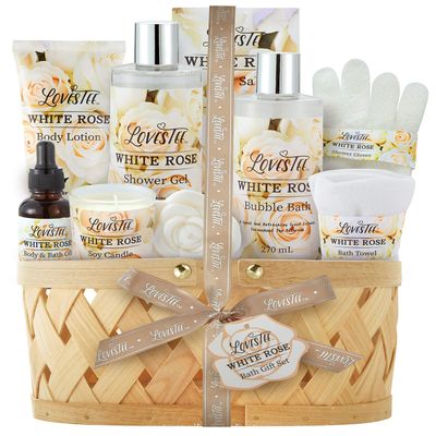 Valentines Day Bath &amp; Body Spa Gift Basket for Women, Best Gift for Mother&#39;s Day &amp; Birthday, White Rose Set Body Lotion, Shower Gel, Bubble Bath, Bath Salt, Towel, Soap, Oil, Candle, Gloves,