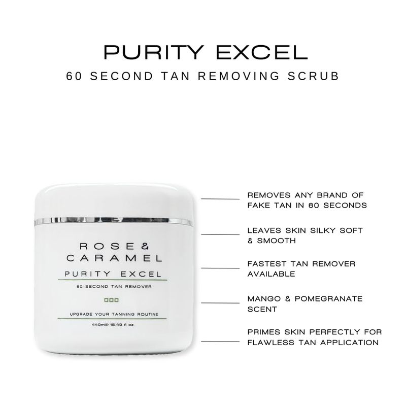 Rose &amp; Caramel Purity Excel 60 Second Miracle Express Self Tan Remover Exfoliating Tan Eraser 440g fake tan remover, body scrub express tan eraser