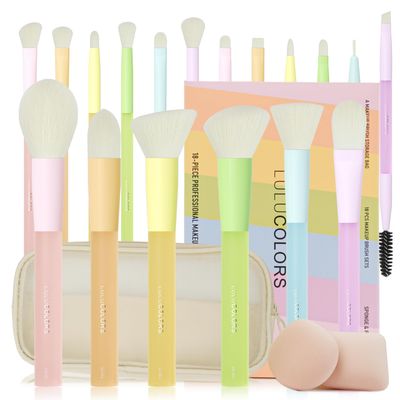 LULUCOLORS 18-Piece Multi-Color Makeup Brush Set - Professional &amp; Beginner-Friendly, Soft Bristles, Rubberized Frosted Handles - Includes Travel Bag, 2 Sponges, and Full Face &amp; Eye Brush Collection