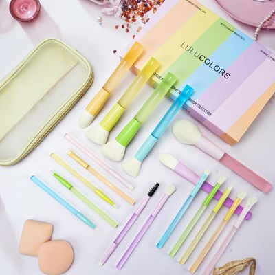 LULUCOLORS 18-Piece Multi-Color Makeup Brush Set - Professional & Beginner-Friendly, Soft Bristles, Rubberized Frosted Handles - Includes Travel Bag, 2 Sponges, and Full Face & Eye Brush Collection