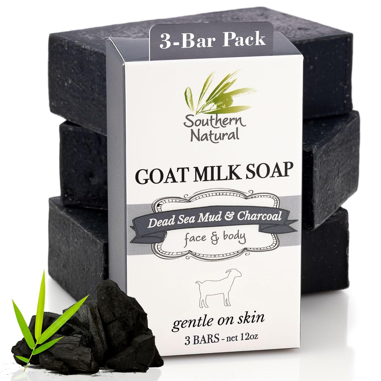 Southern Natural Activated Charcoal Soap Bar (3 Pack) Face and Body Soap For Sensitive Skin With Dead Sea Mud, Goat Milk &amp; Peppermint Essential Oil