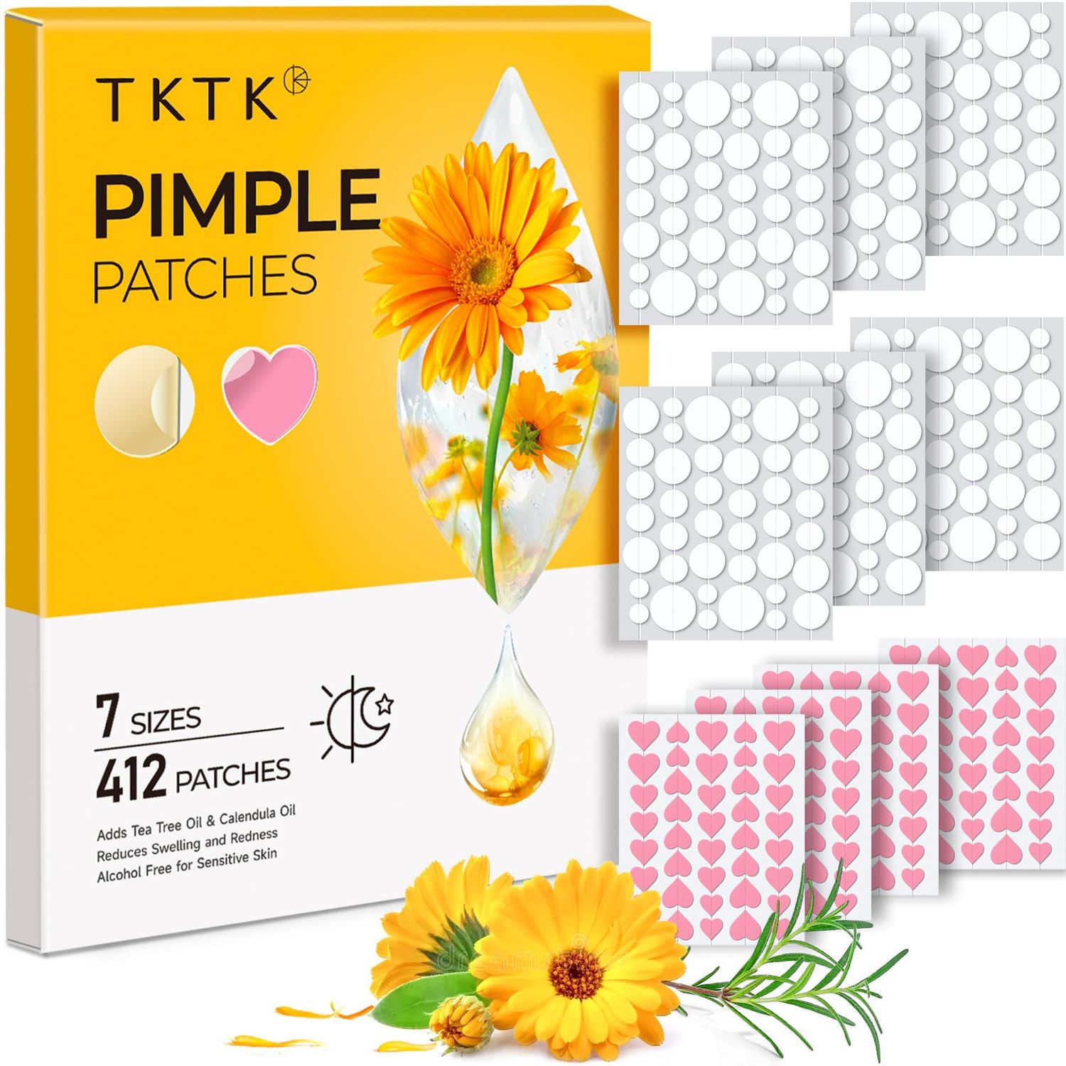 Pimple Patches for Face 7 Sizes Day and Night Acne Patches Heart Zit Patches Cute Spot Stickers with Tea Tree &amp; Centella Oil, Strong Adhesion Zit Covers (412 Count)