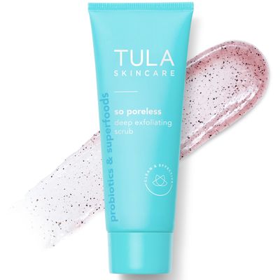 TULA Skin Care So Poreless Exfoliating Blackhead Scrub - Powerful and Gentle Exfoliation, Refreshing and Smoothing, Contains Probiotic Extracts, Volcanic Sand, Pink Salt, and Witch Hazel, 2.89 oz.