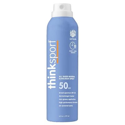 Thinksport Spray Sunscreen, All Sheer SPF 50 Zinc Oxide Mineral Sunscreen, 6 Fl Oz, Natural, Water Resistant, Reef Safe, Broad Spectrum UVA/UVB Sun Block for Sun Protection, Vegan