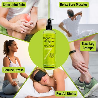 Seven Minerals, Magnesium Oil Spray with Aloe Vera - Less Itchy - Use as Magnesium Spray Deodorant - Made in USA - Get Healthy Hair &amp; Skin and Sleep Better - Free eBook Included (Big 12 oz)