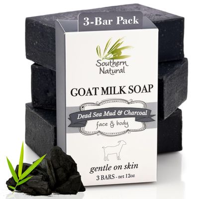Southern Natural Activated Charcoal Soap Bar (3 Pack) Face and Body Soap For Sensitive Skin With Dead Sea Mud, Goat Milk &amp; Peppermint Essential Oil