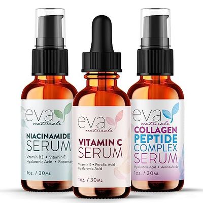 Natural Firm &amp; Glow Skincare Set of 3 Serums - Skin Care Products With 20% Vitamin C Serum, Peptide Complex Serum, Niacinamide Vitamin B3 Serum - Peptides Serum for Face - Face Serum by Eva Naturals