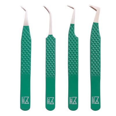 M LASH Tweezers for Eyelash Extensions (Set of 4) - Professional Lash Extension Tweezers - Fiber Tip, Japanese Steel, Diamond Grip Eyelash Extension Tweezer (Verdigris)