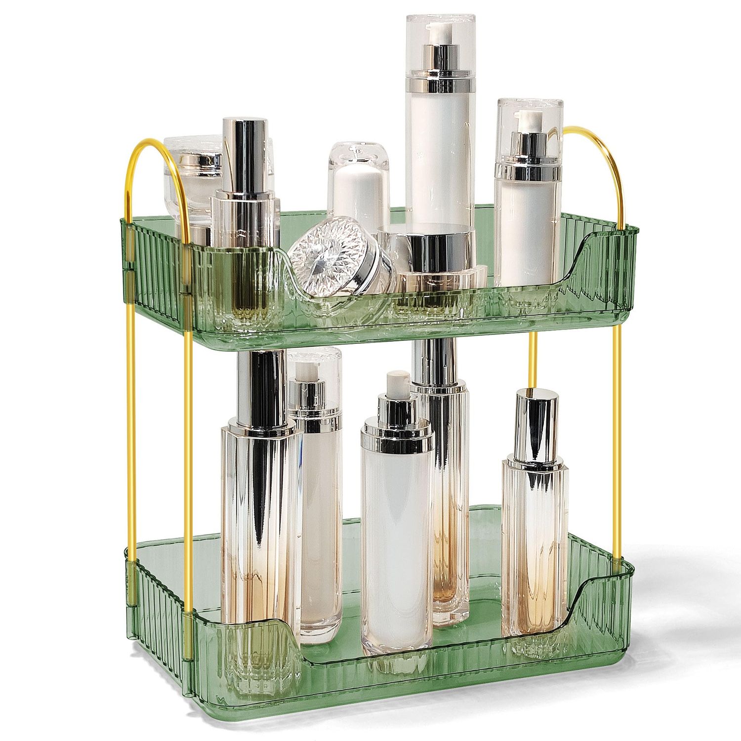 TENDER EPOCH Bathroom Counter Organizer Countertop Storage Skincare Countertop Makeup Organizer Cosmetics Skincare Organizers Holder for Perfume-Green-Golden Pole