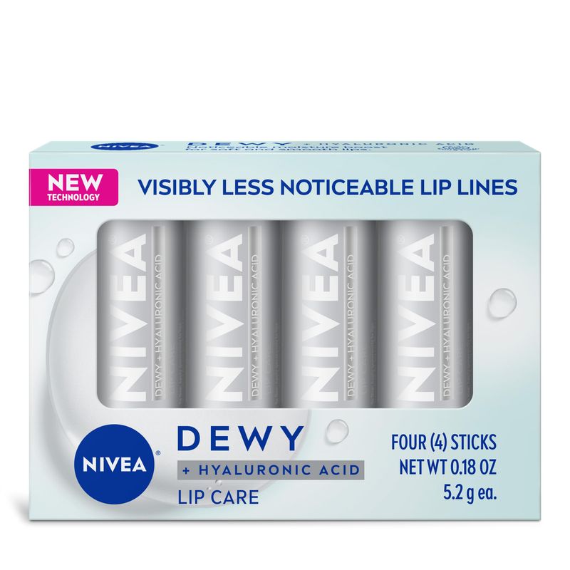 NIVEA Dewy Lip Care with Hyaluronic Acid, Lip Balm Leaves Visibly Less Noticeable Lip Lines and No Waxy Feel, 0.18 Oz, Pack of 4