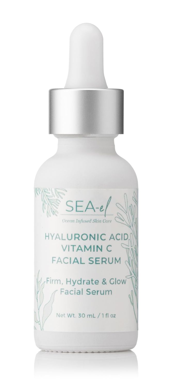 Sea-el Hyaluronic Acid &amp; Vitamin C Facial Serum Drops Firming Hydration &amp; Glow Anti Aging Face Moisturizer - Daily Wrinkle Diminishing Skin Care for Women &amp; Men, Vegan - 1 Fl Oz