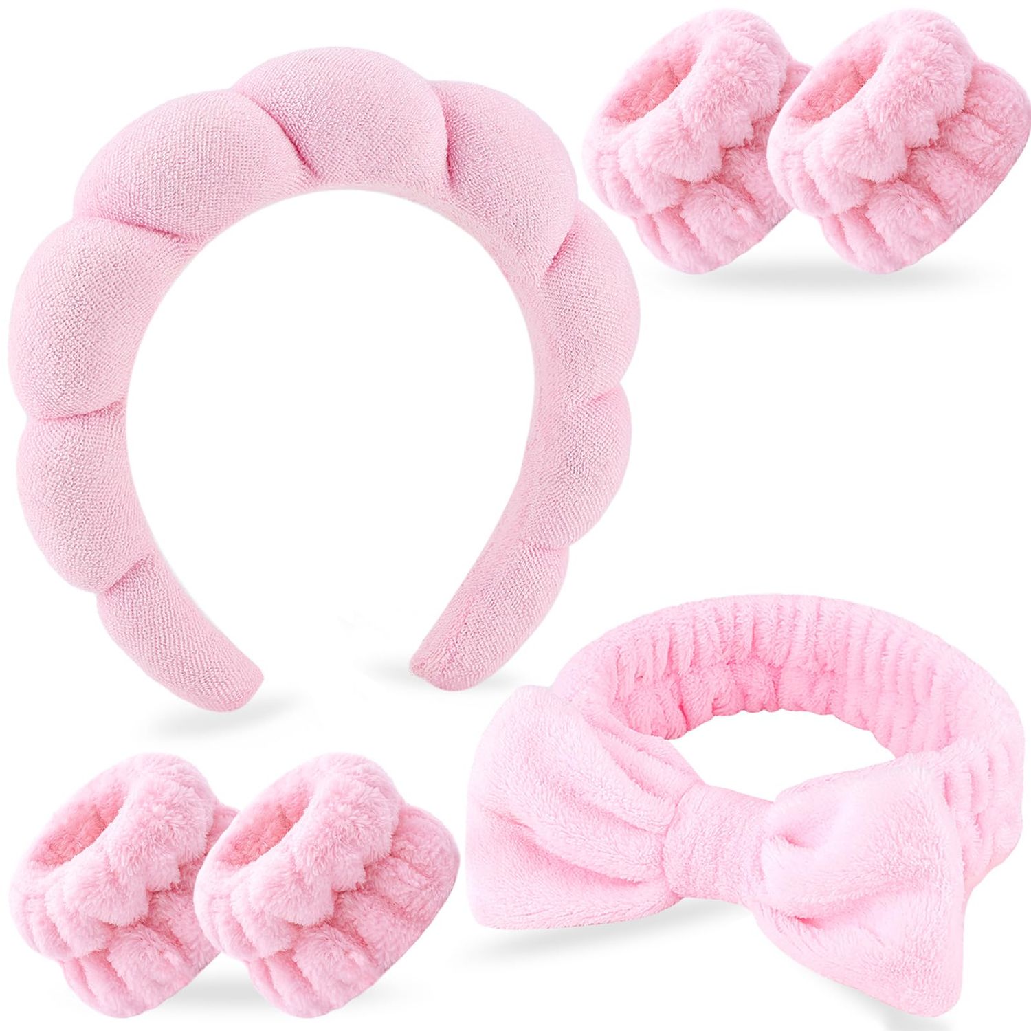 Zkptops 6Pcs Spa Headband for Washing Face Wristbands Set Women Bubble Skincare Makeup Sponge Terry Cloth Padded Puffy Headband Bow Tie Hairband Cute Non Slip Thick Hair Accessory Gifts(Pink)