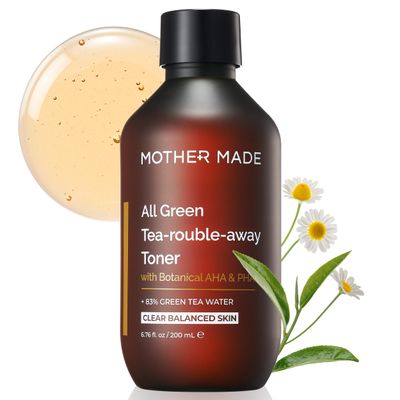 MOTHER MADE Organic Green Tea 83% Soothing Korean Essence Toner 6.76 fl. oz, Hydrating Balancing Facial Skin Care with 5 Hyaluronic Acids, AHA &amp; PHA, Alcohol-Free, Vegan for Sensitive and Oily Skin