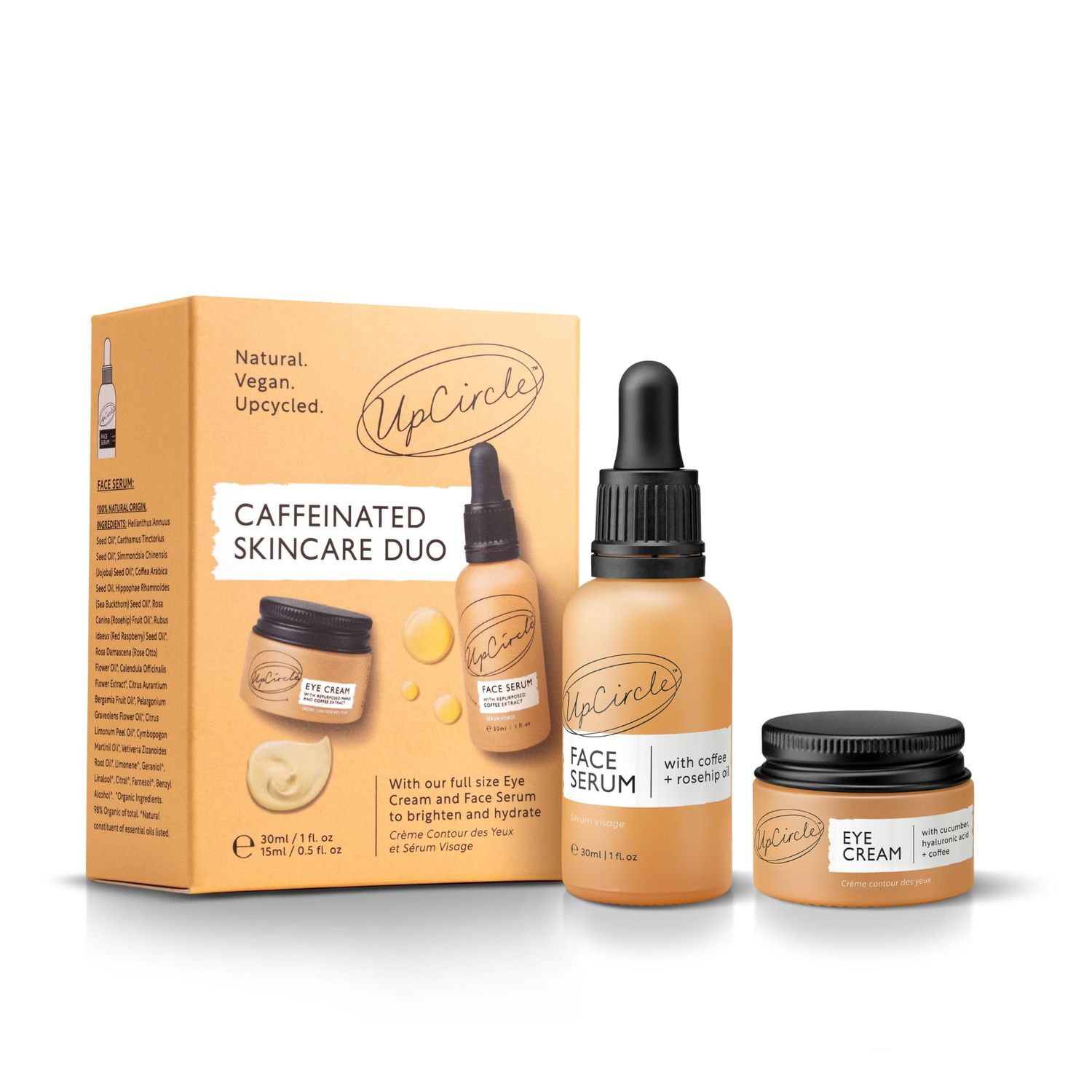 UpCircle Caffeinated Duo - Our Face Serum and Eye Cream Duo - Vitamin C, Hyaluronic Acid + Coffee Oil - Evens Skin Tone, Reduces Puffiness + Dark Circles - Vegan