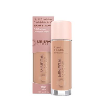 Mineral Fusion Full Coverage Foundation, Liquid Foundation - Warm 4- Med to Tan Complexion w/Golden/Yellow Undertones, Lightweight Matte Finish, Up to 12 Hr Hydration, Hypoallergenic &amp; Vegan, 1 fl. oz