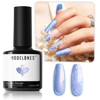 modelones Pearl Gel Nail Polish, 15 ML Shimmer Pearl White Blue Mermaid Nail Drawing Gel Polish Soak Off Uv Led Pearlescent Gel Polish Swirl Shell Thread Effect DIY Manicure Gift for Girls Women