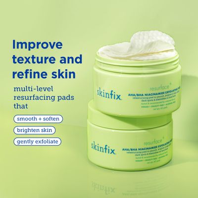 Skinfix Resurface+ AHA/BHA Niacinamide Exfoliating Pads: 2% Salicylic Acid (BHA) + AHAs &amp; Niacinamide to Target Rough Texture, Spots, Fine Lines &amp; Acne-Prone Skin, 60 Pads
