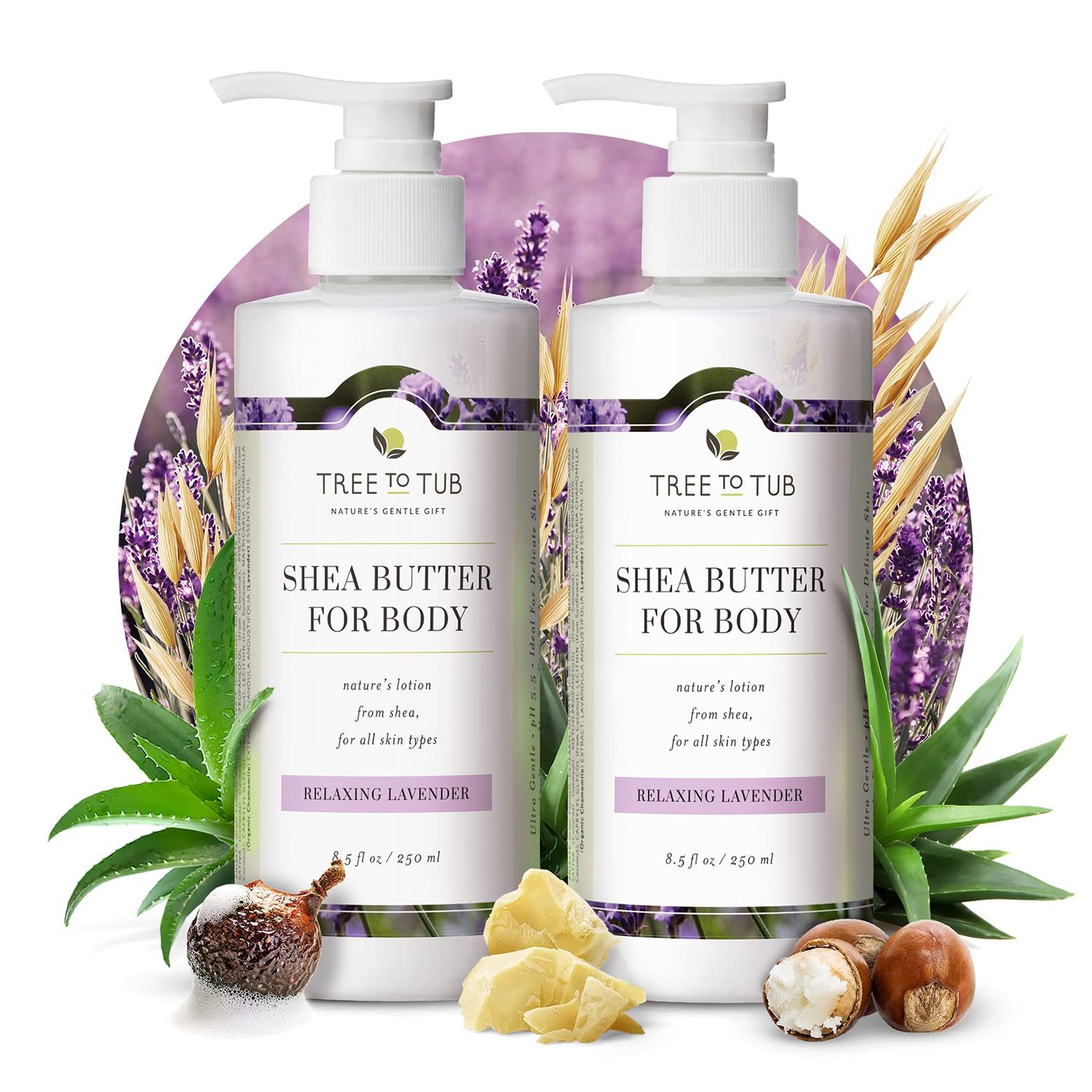 Tree to Tub Lavender Shea Butter Body Lotion for Dry Skin - Moisturizing Sensitive Skin Lotion for Women &amp; Men, Vegan Body Moisturizer w/Organic Aloe Vera, Cocoa Butter, All Natural Colloidal Oatmeal