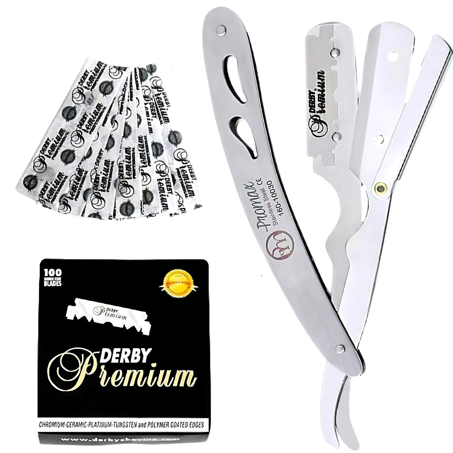 ProMax Steel Barber Razor - Professional Straight Edge Razor with 100 Derby Blades for Close, Clean Shaves - Ideal for Sensitive Skin