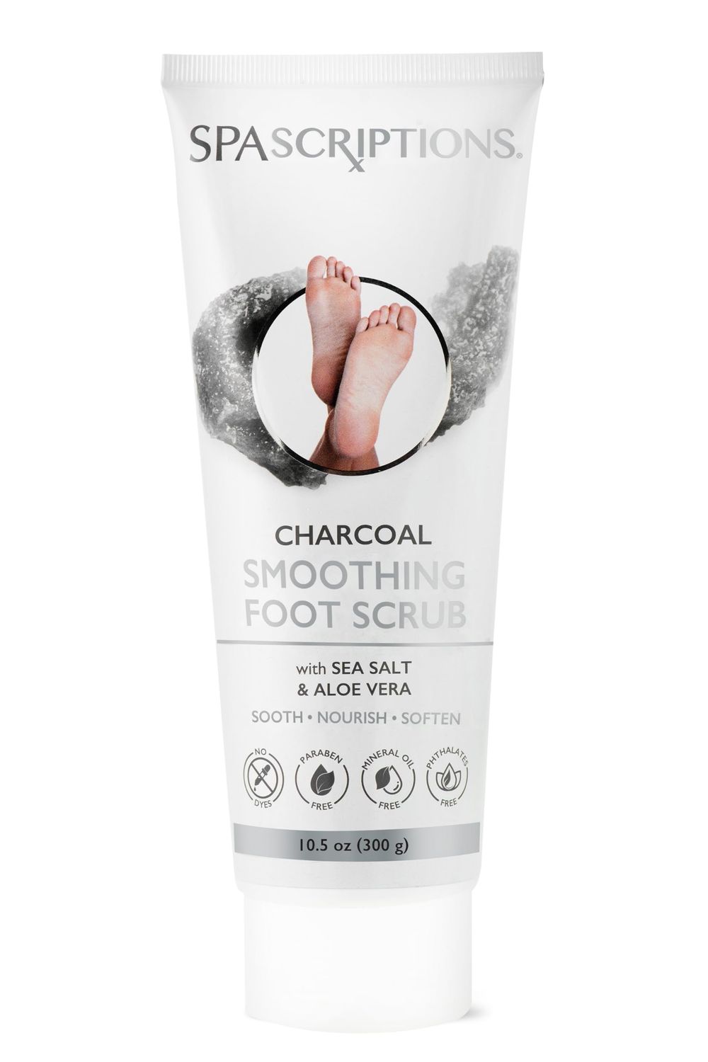 Spascriptions Charcoal Smoothing Foot Scrub with Sea Salt &amp; Aloe Vera, Exfoliating Wash for Dry, Cracked Feet and Heels, Dead Skin and Callus Remover for Soft and Renewed Feet, 10.5 oz