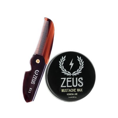 ZEUS Mustache Wax &amp; Folding Mustache Comb Grooming Set for Men - Folding Mustache Comb &amp; Natural Mustache Wax to Tame, Nourish Facial Hair