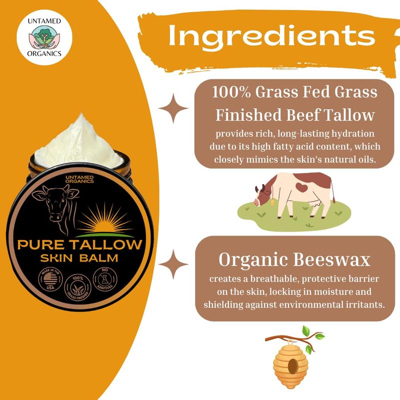 Untamed Organics Pure Tallow 100% Grass-Fed Grass-Finished Beef Tallow Balm For Skin Care - Full Body &amp; Face Moisturizer For Sensitive Skin, Eczema - All-Purpose Pure Tallow Cream (Unscented) 2 oz