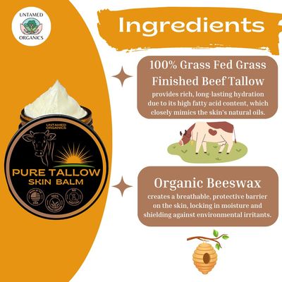 Untamed Organics Pure Tallow 100% Grass-Fed Grass-Finished Beef Tallow Balm For Skin Care - Full Body &amp; Face Moisturizer For Sensitive Skin, Eczema - All-Purpose Pure Tallow Cream (Unscented) 2 oz