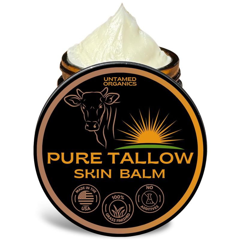 Untamed Organics Pure Tallow 100% Grass-Fed Grass-Finished Beef Tallow Balm For Skin Care - Full Body &amp; Face Moisturizer For Sensitive Skin, Eczema - All-Purpose Pure Tallow Cream (Unscented) 2 oz