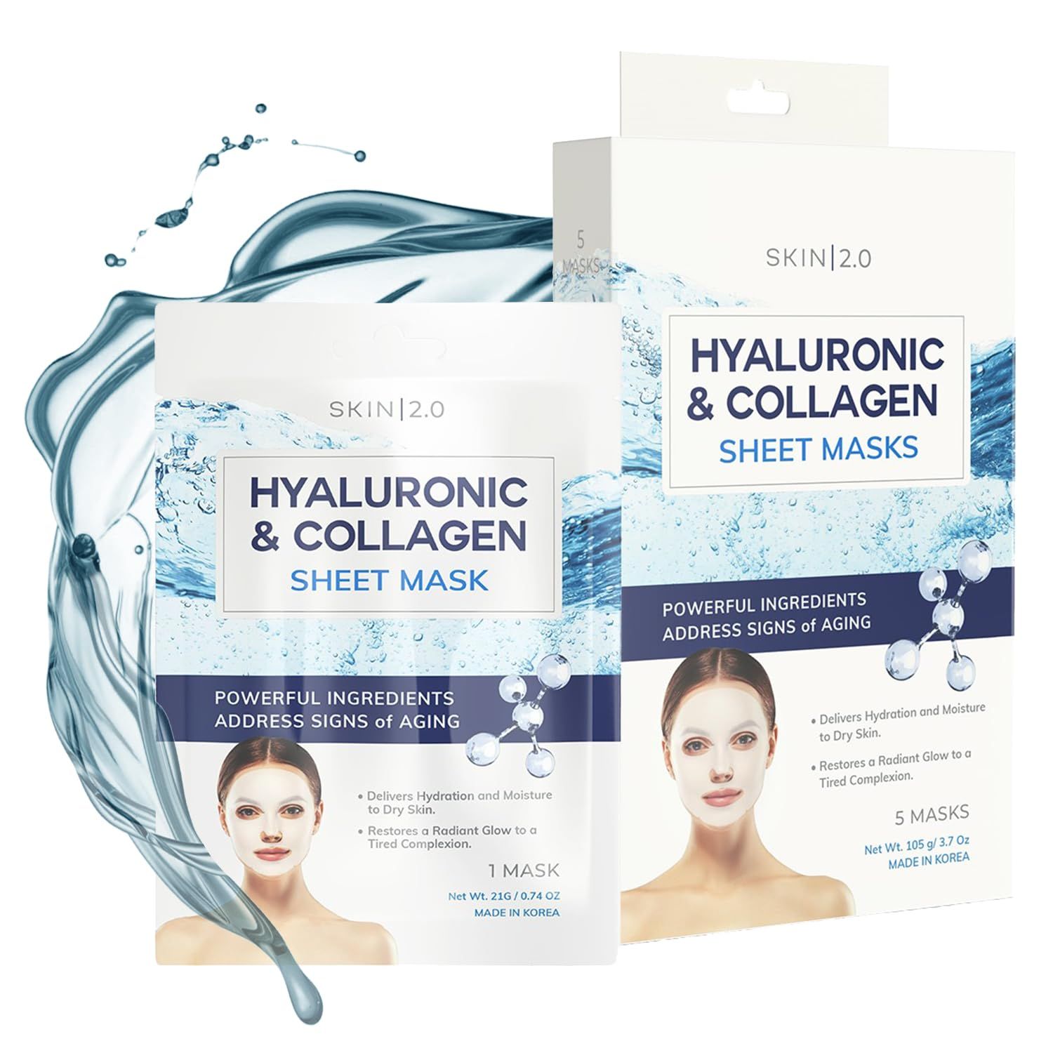 Skin 2.0 Hyaluronic Acid &amp; Collagen Sheet Mask - Hydrating, Anti-Aging, Skin Firming - Dermatologist Tested Korean Skincare - Clean Beauty, Natural Ingredients, Cruelty-Free, All Skin Types - 5 Masks