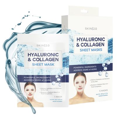 Skin 2.0 Hyaluronic Acid &amp; Collagen Sheet Mask - Hydrating, Anti-Aging, Skin Firming - Dermatologist Tested Korean Skincare - Clean Beauty, Natural Ingredients, Cruelty-Free, All Skin Types - 5 Masks