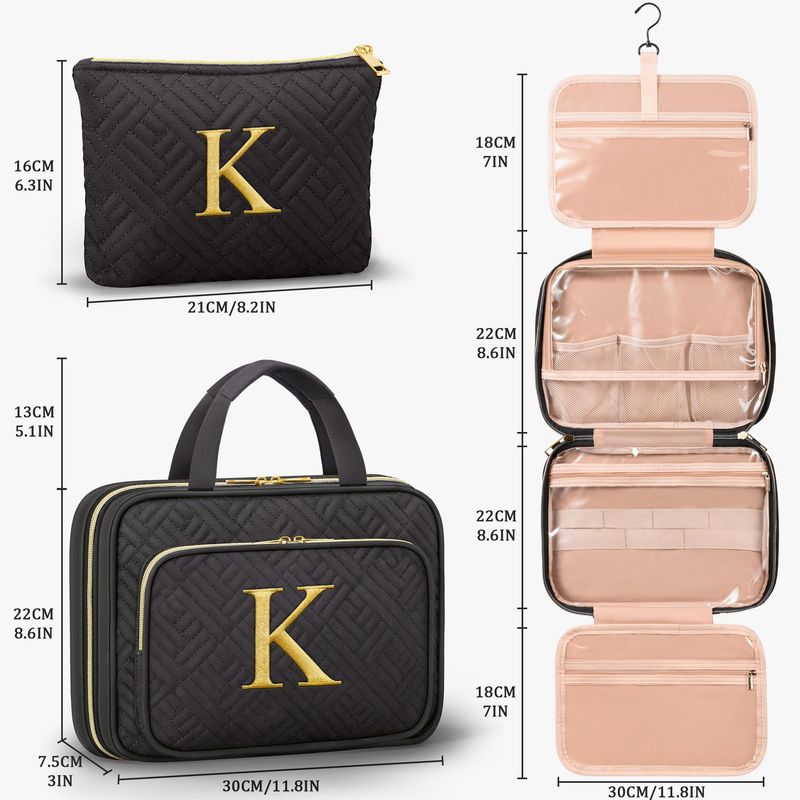 Personalized Birthday Gifts for Women - 2 PCS Initial Hanging Toiletry Bag &amp; Makeup Bag with Embroidery Letter Travel Organizer Cosmetic Bag Valentine Gift Ideas for Mom Wife Friend Sister Her Teacher