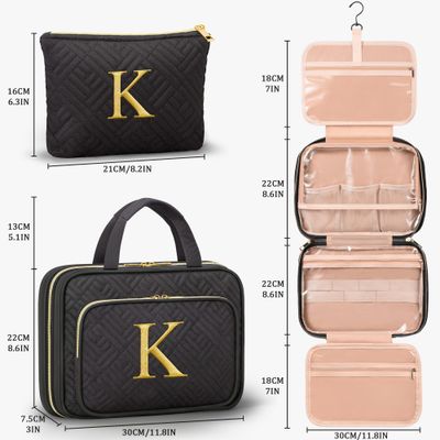 Personalized Birthday Gifts for Women - 2 PCS Initial Hanging Toiletry Bag &amp; Makeup Bag with Embroidery Letter Travel Organizer Cosmetic Bag Valentine Gift Ideas for Mom Wife Friend Sister Her Teacher