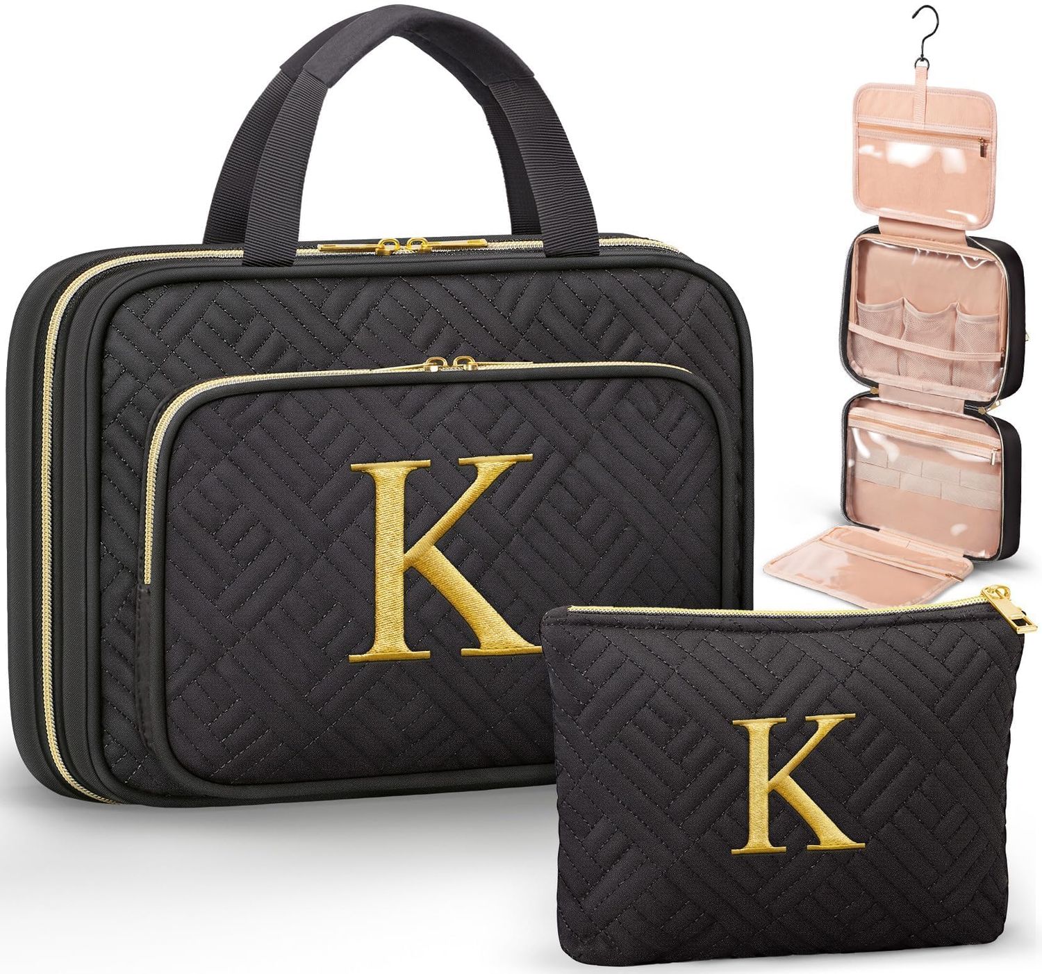 Personalized Birthday Gifts for Women - 2 PCS Initial Hanging Toiletry Bag &amp; Makeup Bag with Embroidery Letter Travel Organizer Cosmetic Bag Valentine Gift Ideas for Mom Wife Friend Sister Her Teacher