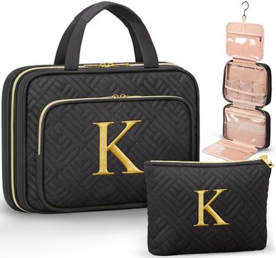 Personalized Birthday Gifts for Women - 2 PCS Initial Hanging Toiletry Bag &amp; Makeup Bag with Embroidery Letter Travel Organizer Cosmetic Bag Valentine Gift Ideas for Mom Wife Friend Sister Her Teacher