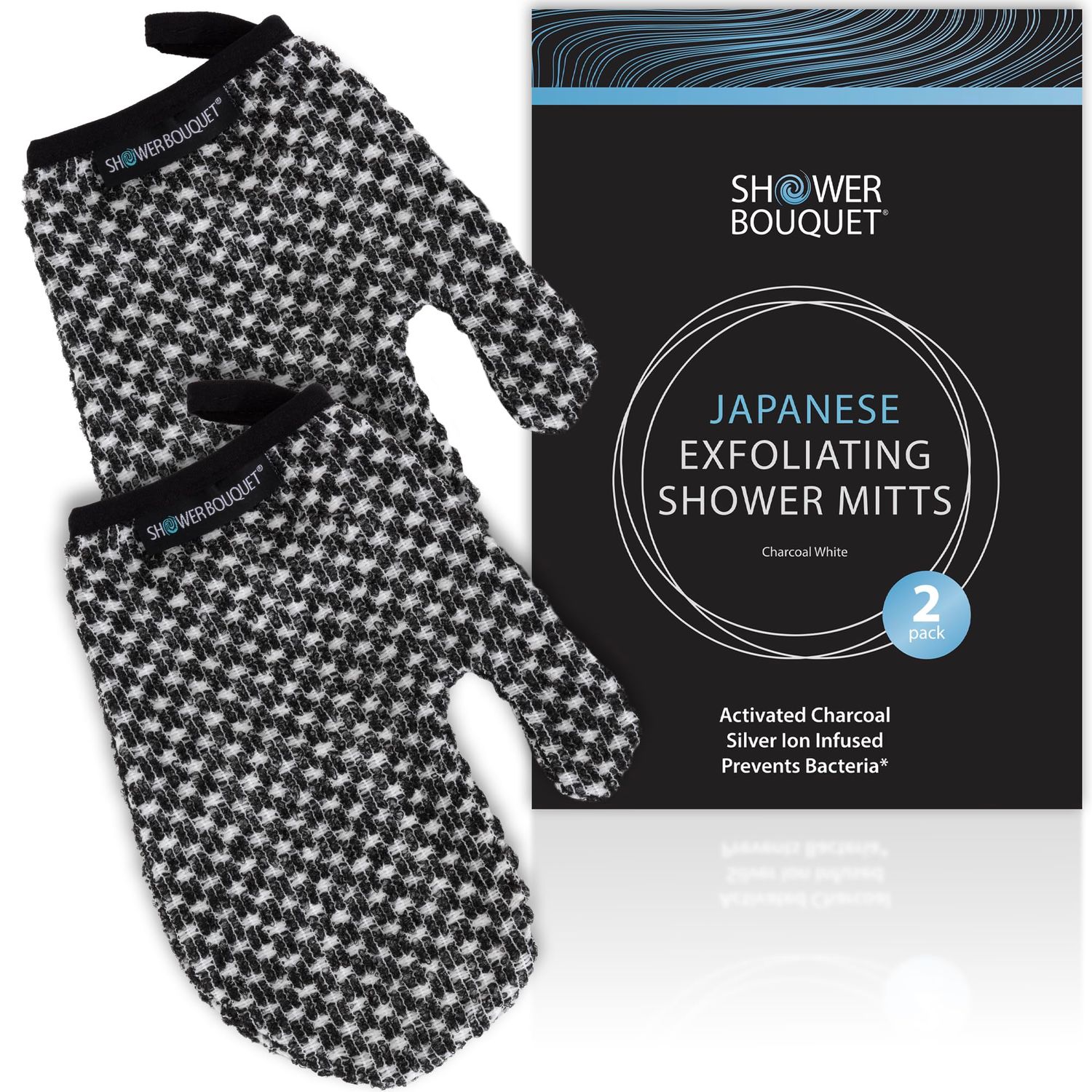 Japanese Exfoliating Mitt 2-Pack - Charcoal &amp; Silver Ion Exfoliating Gloves for Shower - Soft Inner Fabric Gentle Exfoliation &amp; Deep Cleansing Body Scrub Gloves for All Skin Types - 2 White