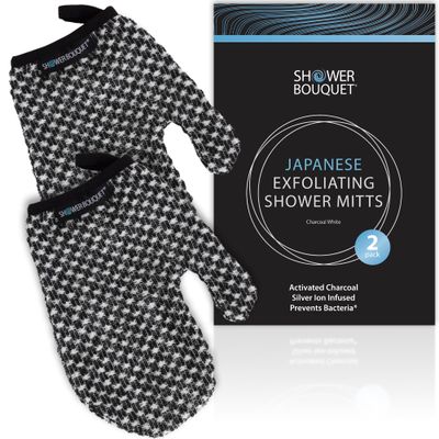 Japanese Exfoliating Mitt 2-Pack - Charcoal &amp; Silver Ion Exfoliating Gloves for Shower - Soft Inner Fabric Gentle Exfoliation &amp; Deep Cleansing Body Scrub Gloves for All Skin Types - 2 White