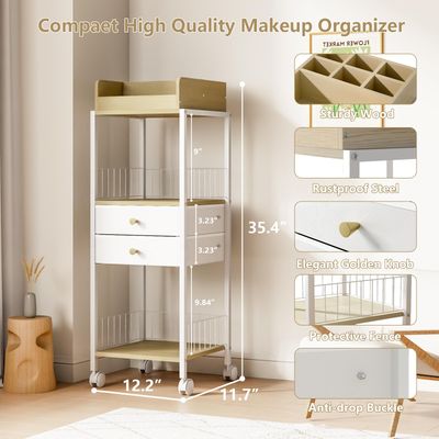 Makeup Organizer Cart Shelf Floor Skincare Organizers Make Up and Station Storage Cabinet For Vanity Standing Cosmetics With Drawers and Wheels For Nail Polish Perfume Hair Tool Holder Beauty(White)