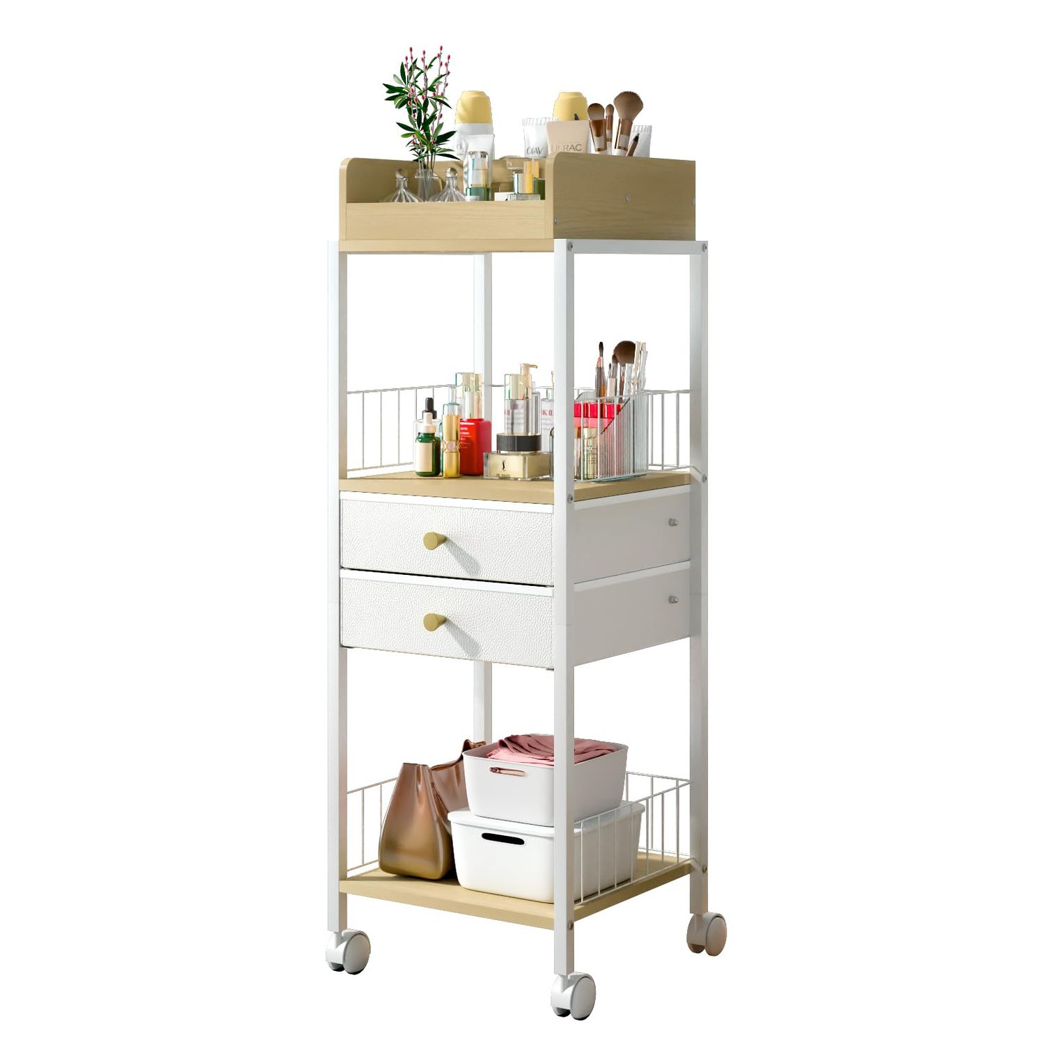 Makeup Organizer Cart Shelf Floor Skincare Organizers Make Up and Station Storage Cabinet For Vanity Standing Cosmetics With Drawers and Wheels For Nail Polish Perfume Hair Tool Holder Beauty(White)
