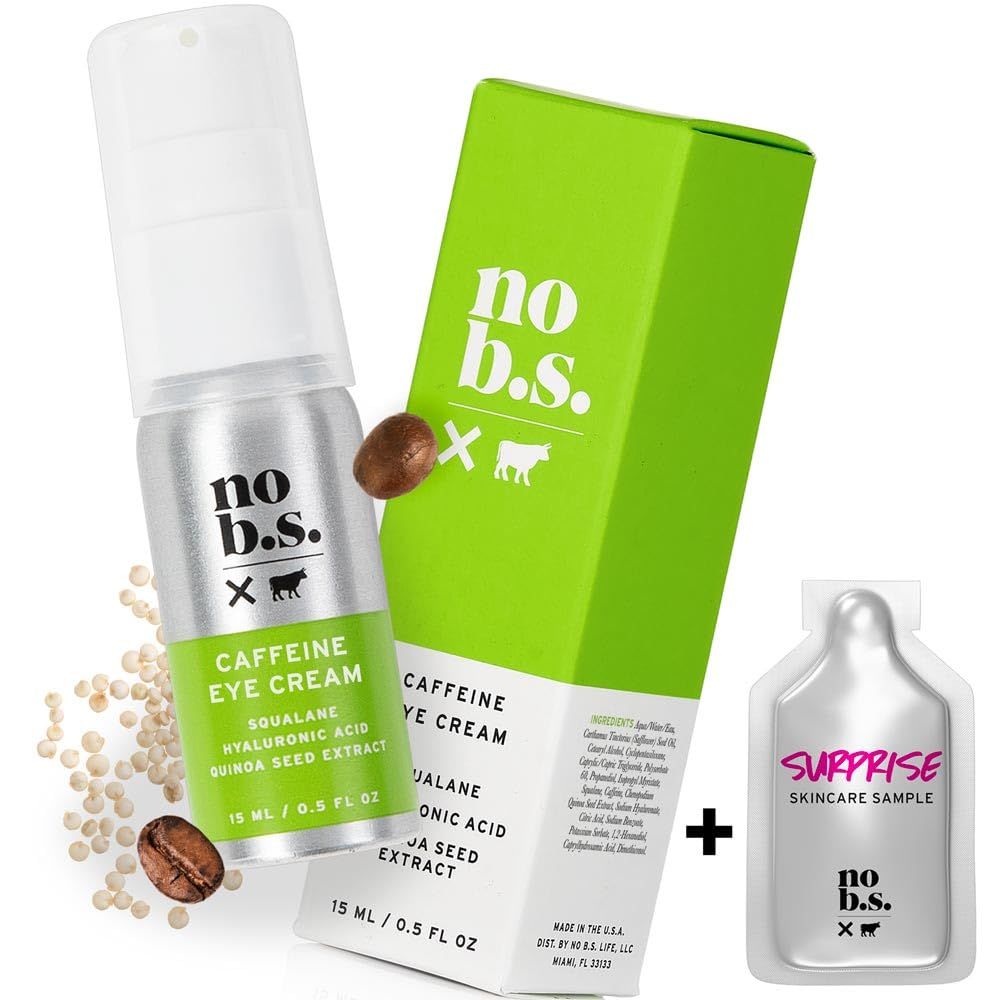 No B.S. (No Bad Stuff) Caffeine Eye Cream with Pure Hyaluronic Acid &amp; Plant Based Squalane Oil, Under Eye Cream for Dark Circles &amp; Puffiness, Skin Care for Women &amp; Men, Vegan, Travel Size, 0.5 FL Oz