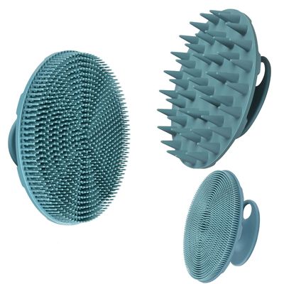 INNERNEED Food-Grade Soft Silicone Body Scrubber Shower Brush, with Handheld Facial Cleansing Skin Brush, with Scalp Massager Shampoo Brush (Dark Green)