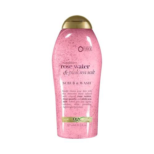 OGX Sensitive + Pink Sea Salt &amp; Rosewater Sulfate-Free Soothing Body Scrub with Healing Rose Quartz, Gentle Exfoliating Daily Body Wash to Soften &amp; Smooth Skin, 19.5 Fl Oz