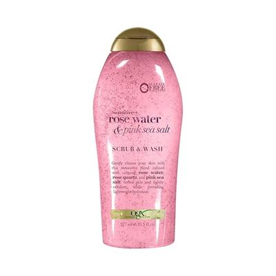 OGX Sensitive + Pink Sea Salt &amp; Rosewater Sulfate-Free Soothing Body Scrub with Healing Rose Quartz, Gentle Exfoliating Daily Body Wash to Soften &amp; Smooth Skin, 19.5 Fl Oz