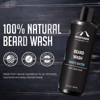 Mountaineer Brand Beard Wash For Men | 100% Natural Beard Shampoo | Thick Cleaning Softening Lather for Hair and Skin | Hydrate and Detangle | Grooming Treatment | White Water Scent 8oz
