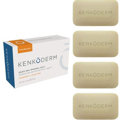 Kenkoderm Psoriasis Mineral Salt Soap with Argan Oil &amp; Shea Butter, 4.25 oz, 4 Bars, Dermatologist Developed Skin Care for Soothing &amp; Moisturizing Psoriasis, Eczema &amp; Rosacea, Fragrance &amp; Color Free