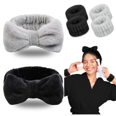 Huachi 6 Packs Makeup Headband for Women Spa Skincare Face Wash Headband and Wristband Set for Washing Face, Cute Fluffy Microfiber Bow Headbands Hair Accessories