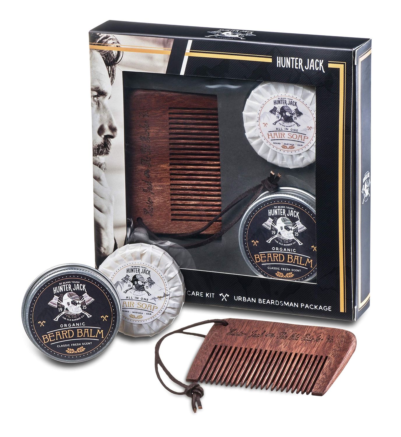 Hunter Jack Beard Kit for Men - Sandalwood Beard Comb, Beard Soap, and Beard Balm - Fine Tooth Mustache Comb - Mens Beard Kit for Care and Grooming in Premium Gift Box