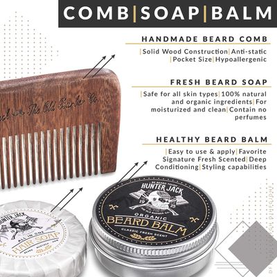 Hunter Jack Beard Kit for Men - Sandalwood Beard Comb, Beard Soap, and Beard Balm - Fine Tooth Mustache Comb - Mens Beard Kit for Care and Grooming in Premium Gift Box
