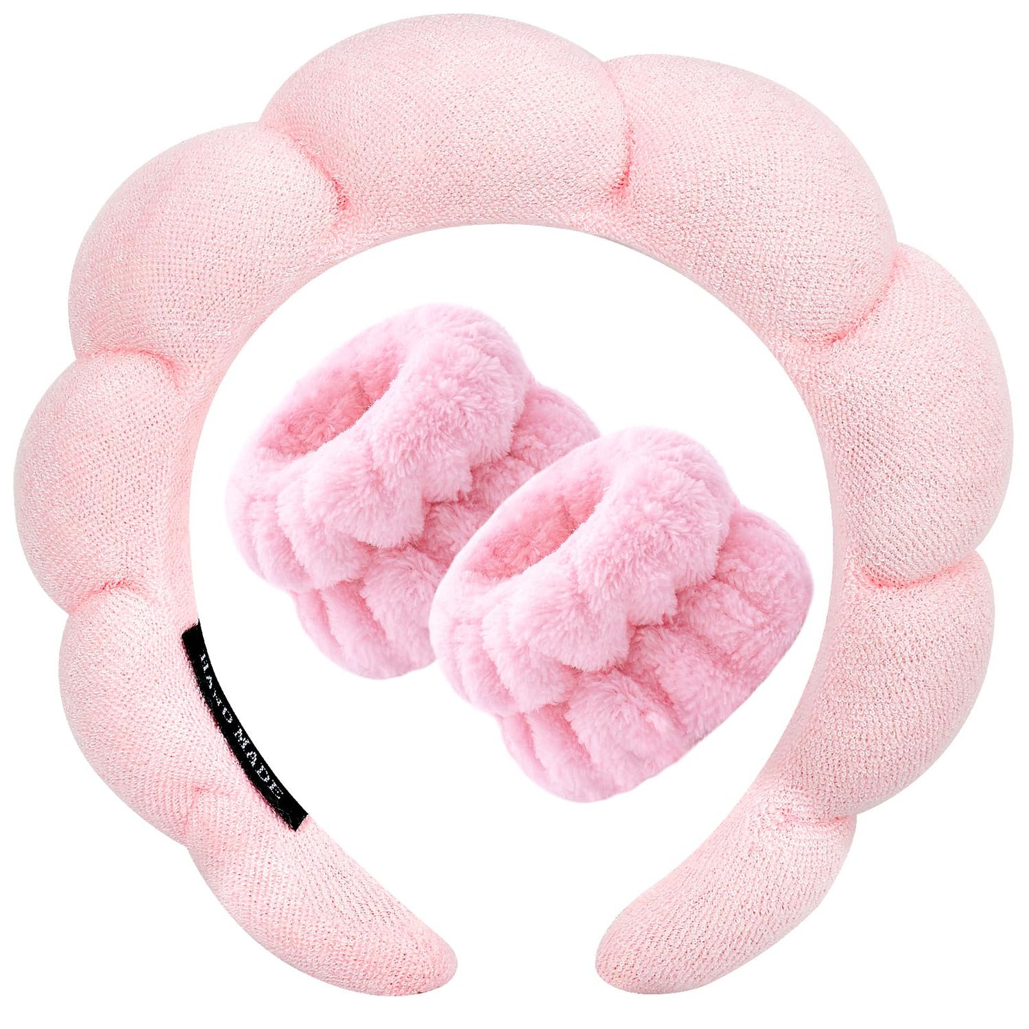 Zkptops Spa Headband for Washing Face Wristband Sponge Makeup Skincare Headband Terry Cloth Bubble Soft Get Ready Hairband for Women Girl Puffy Padded Headwear Non Slip Thick Hair Accessory(Pink)