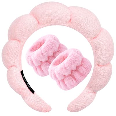 Zkptops Spa Headband for Washing Face Wristband Sponge Makeup Skincare Headband Terry Cloth Bubble Soft Get Ready Hairband for Women Girl Puffy Padded Headwear Non Slip Thick Hair Accessory(Pink)