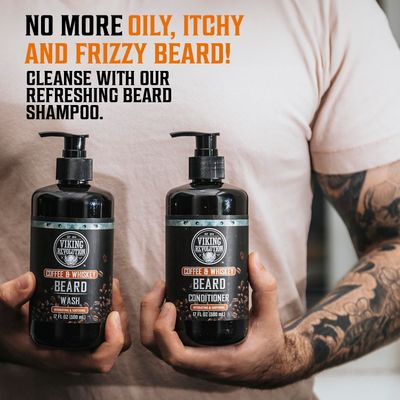 Viking Revolution Coffee Whiskey Beard Wash and Beard Conditioner Set with Argan and Jojoba Oils - Softens and Strengthens - Coffee Whiskey Scent - Beard Shampoo with Ginseng Root Extract (17 oz)